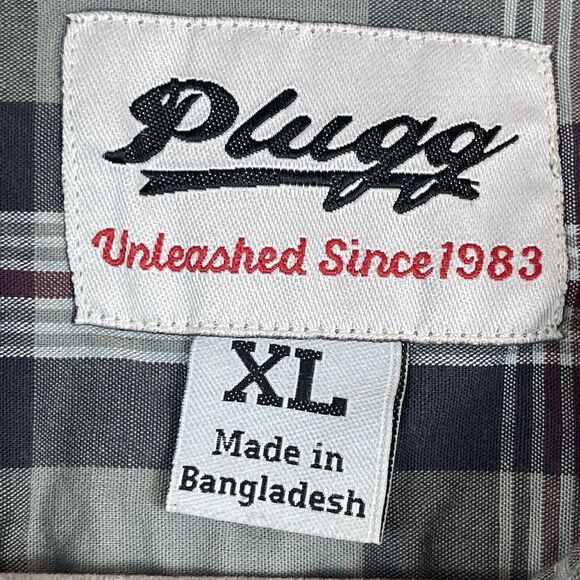 Plugg Mens Button Up Shirt XL Green Gray Long Sleeve Plaid Chest Flap Pockets - Picture 4 of 8
